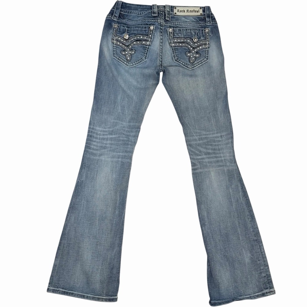 Rock Revival Jeans Womens 29 Bootcut Blue Rhinestone Embellished Flap Pocket Y2K